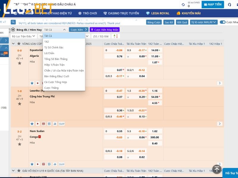 Giao diện sportbook LegaBet